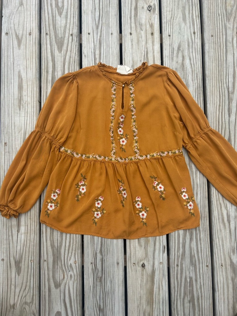 Savanna Jane Blouse Women's M Mustard‎ Embroidered Floral Long Sleeve Shirt Top